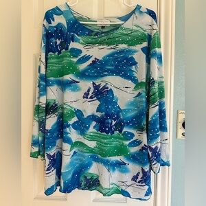 Vintage All Hours Blue Green Abstract Women's Top size XXL Sequins Made in USA